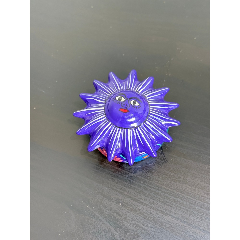 Mexican Folk Art Sun Face Terracotta Trinket Box Purple Floral Hand Painted 4in